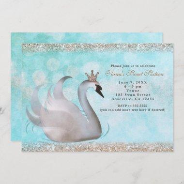 Swan Princess Glitter Birthday Party Invitations