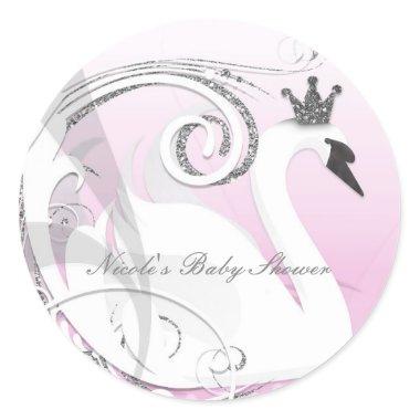 Swan Princess Silver White Pink Baby Shower Favor Classic Round Sticker
