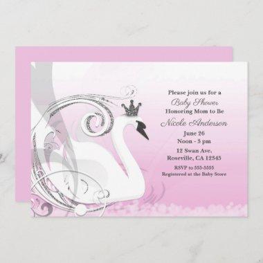 Swan Princess Silver White Pink Baby Shower Invitations