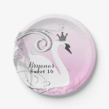 Swan Princess Silver White Pink Baby Shower Paper Plates