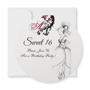 SWEET 16 BIRTHDAY PARTY MONOGRAM Red Black Swirls Invitations