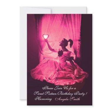 SWEET 16 BIRTHDAY PARTY,PINK FUCHSIA BLACK DAMASK Invitations