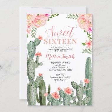 Sweet 16 Floral Cactus Succulent Birthday Girl Invitations