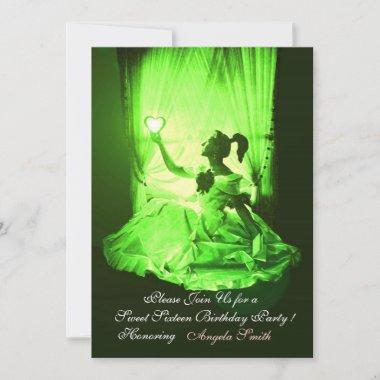 SWEET 16 PARTY,EMERALD GREEN BLACK DAMASK Invitations