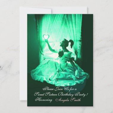 SWEET 16 PARTY,GREEN BLACK DAMASK Invitations