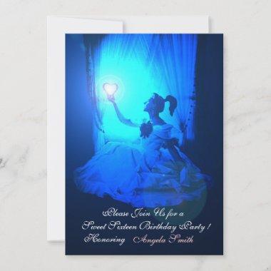 SWEET 16 PARTY,SAPPHIRE BLUE ,BLACK DAMASK Invitations