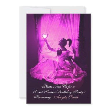 SWEET 16 PARTY,VIOLET FUCHSIA BLACK DAMASK Invitations