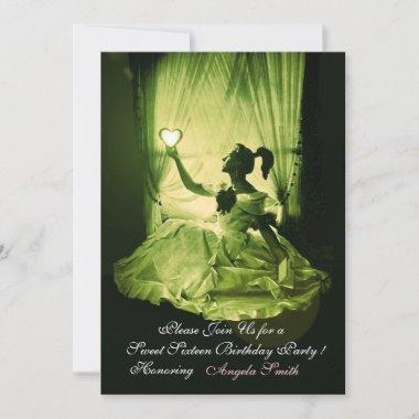 SWEET 16 PARTY, YELLOW GREEN BLACK DAMASK Invitations