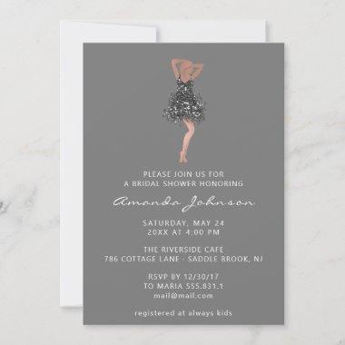 Sweet 16th Bridal Shower Black Glitter Dress Grey Invitations