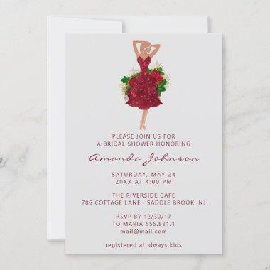 Sweet 16th Bridal Shower Red Dress Floral Invitations