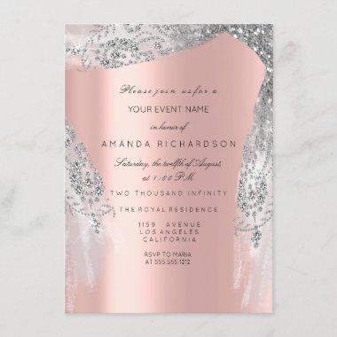 Sweet 16th Bridal Shower Silver Gray Rose Dress Invitations