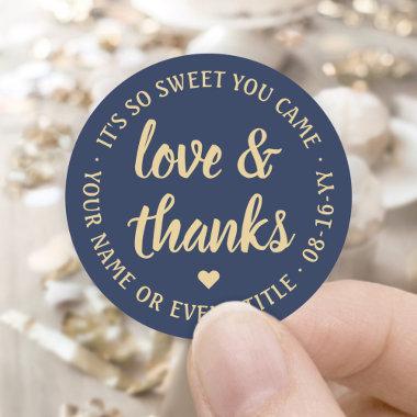 Sweet Love & Thanks Navy Blue & Gold Simple Script Classic Round Sticker