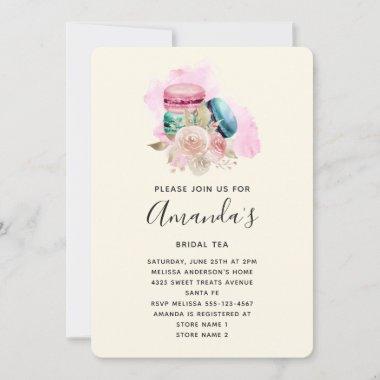 Sweet Macarons and Flowers Watercolor Bridal Tea Invitations