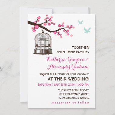 Sweet Pink Bird Cage Flower Wedding Invitations