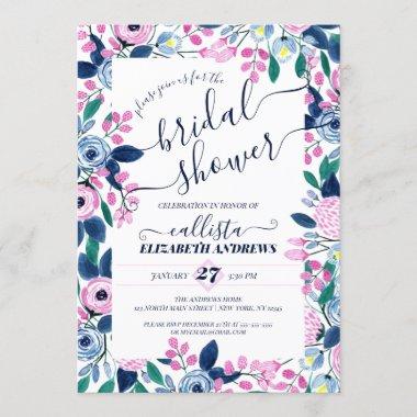 Sweet Pink Navy Flowers Watercolor Bridal Shower Invitations