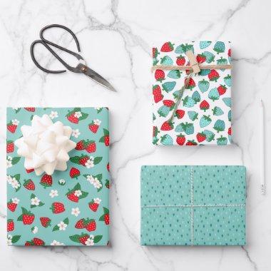 Sweet Red Blue Strawberries White Flowers Pattern Wrapping Paper Sheets