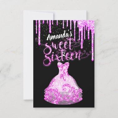 Sweet Sixteen Dress Glitter Drip Pink Drips Black Invitations