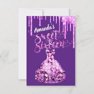Sweet Sixteen Dress Glitter Drip Pink Drips Purple Invitations