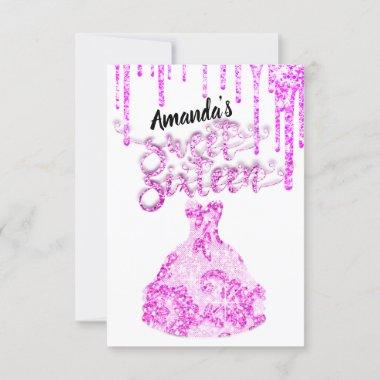 Sweet Sixteen Dress Glitter Drip Pink Drips White Invitations
