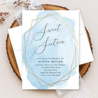Sweet Sixteen Gold Geo Frame, Blue Watercolor Invitations