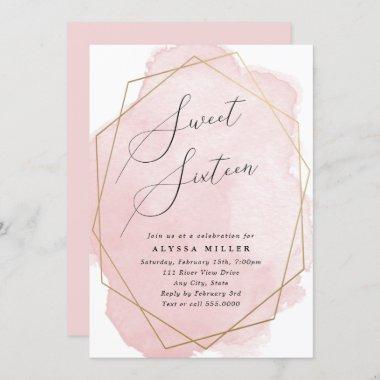 Sweet Sixteen Gold Geo Frame, Pink Watercolor Invitations