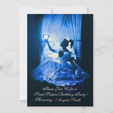 SWEET SIXTEEN PARTY,BLUE BLACK DAMASK Champagne Invitations
