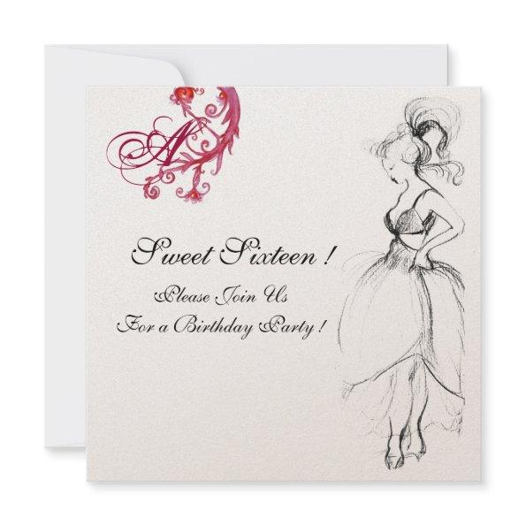 SWEET SIXTEEN PARTY MONOGRAM, red black and gold