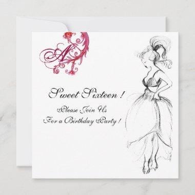 SWEET SIXTEEN PARTY MONOGRAM, red black and white Invitations