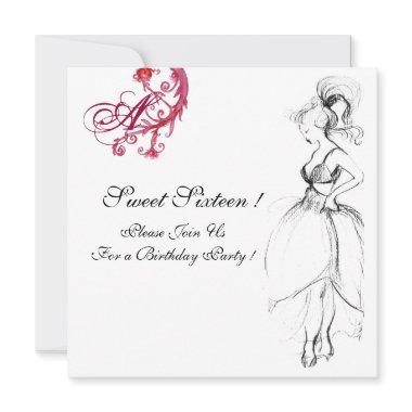 SWEET SIXTEEN PARTY MONOGRAM, red black and white Invitations