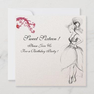 SWEET SIXTEEN PARTY, red black and white champagne Invitations