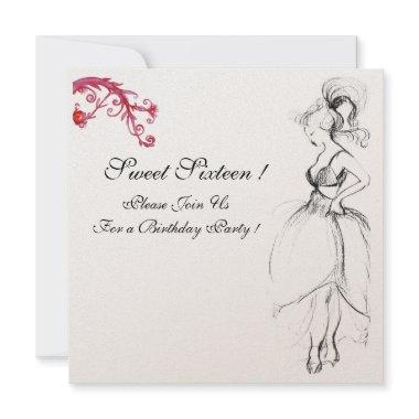 SWEET SIXTEEN PARTY, red black and white champagne Invitations