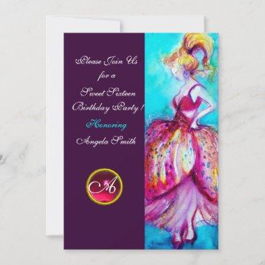 SWEET SIXTEEN PARTY,Red Pink Ruby Monogram Purple Invitations
