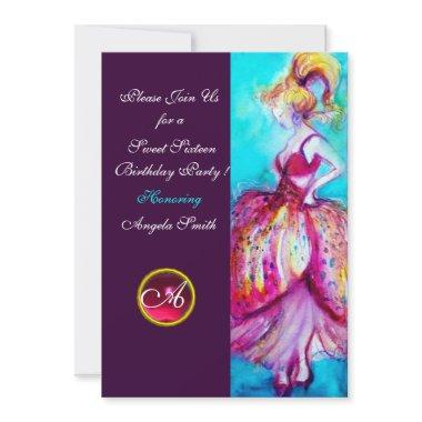 SWEET SIXTEEN PARTY,Red Pink Ruby Monogram Purple Invitations