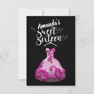 Sweet Sixteen Pink Dress Florals Princess Black Invitations