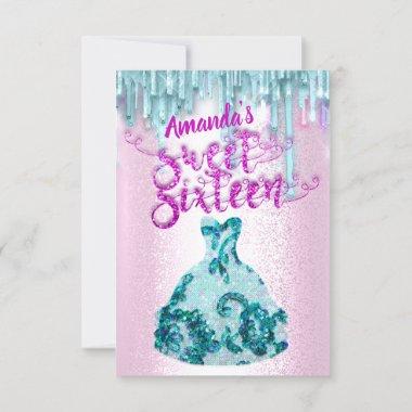 Sweet Sixteen Rose Floral Dress blue Drips  Invitations