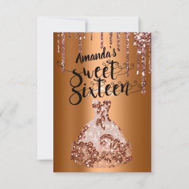 Sweet Sixteen Rose Floral Dress Glitter Drip Bronz Invitations