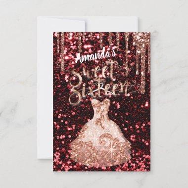 Sweet Sixteen Rose Floral Dress Glitter Drips Red Invitations