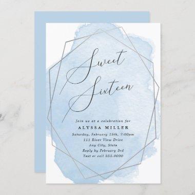 Sweet Sixteen Silver Geo Frame, Blue Watercolor Invitations