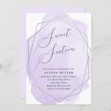 Sweet Sixteen Silver Geo Frame, Purple Watercolor Invitations