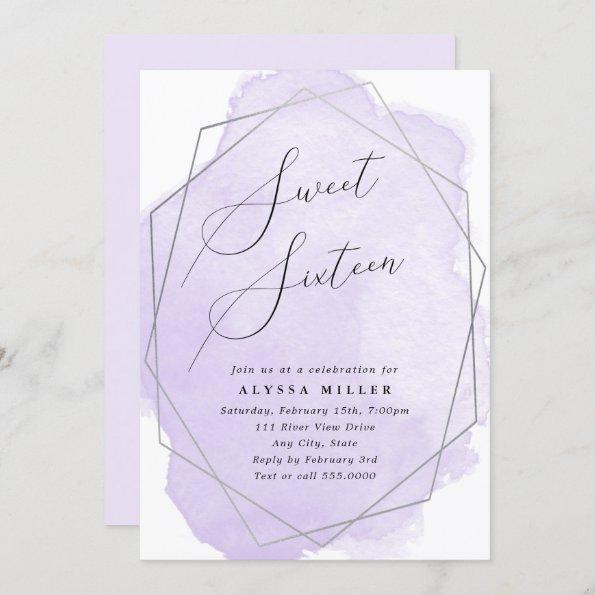 Sweet Sixteen Silver Geo Frame, Purple Watercolor Invitations