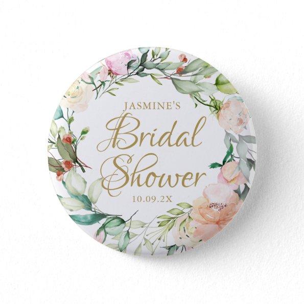 Sweet summer roses gold script bridal shower button