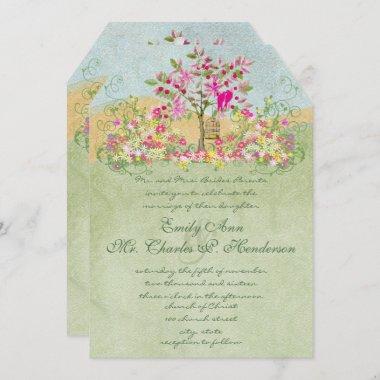 Swirled Pink Green Flower Love Birds Tree Wedding Invitations