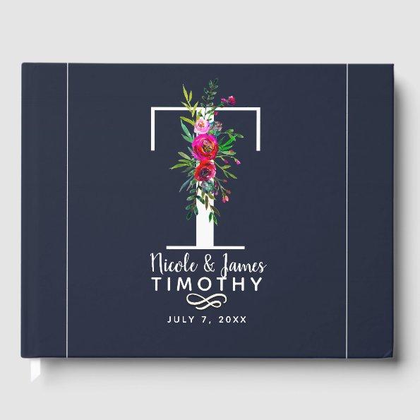 T Letter Initial Monogram Floral Name Wedding Guest Book