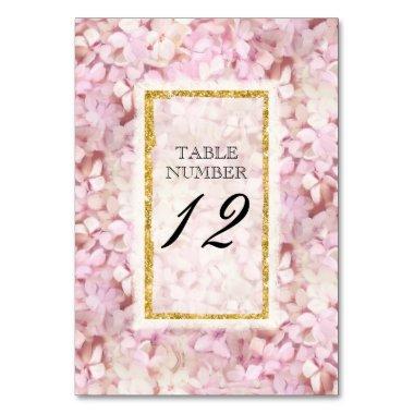 Table Number Card Wedding Pink Hydrangea Gold Faux