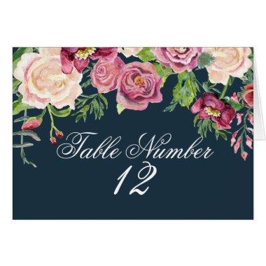 Table Number Watercolor Navy Pink Floral Roses