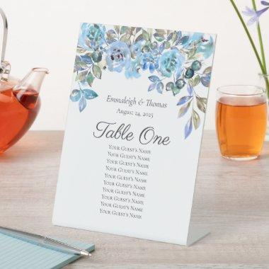 Table Seating Chart Falling in Love Blue Florals Pedestal Sign