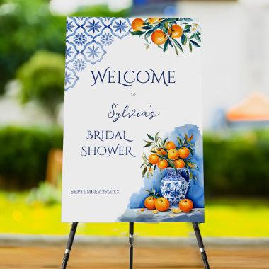 Talavera blue vase citrus bridal shower welcome foam board