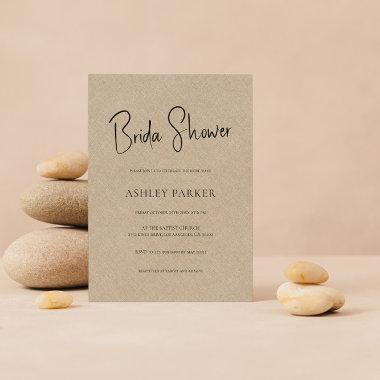 Tan Color Linen Simple Black Script Bridal Shower Invitations