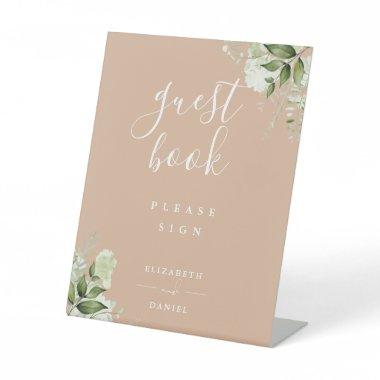 Tan Elegant Floral Greenery Guest Book Pedestal Sign