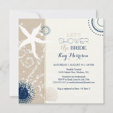 Tan Navy Blue Ivory Beach Bridal Shower Invitations